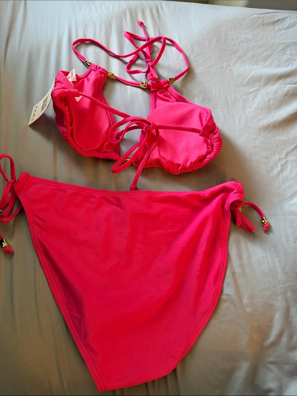 NWT Hot Pink High Waisted Halter Bikini Set with Gold Hardware Size L